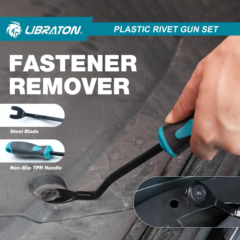 LIBRATON Plastic Rivet Gun Kit, 90 Degree Angle Hand Riveter with 40 Nylon Rivets (4 Sizes), Universal Nosepiece for Automotive/Electronics, Ergonomic & 50% Lighter Force