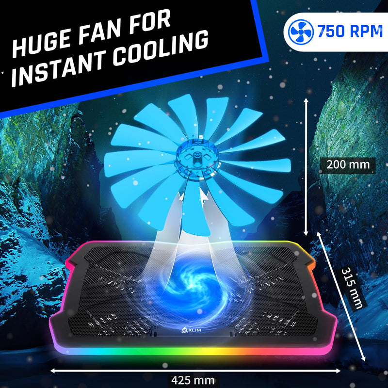 KLIM Ultimate - RGB Laptop Cooling Pad with LED Rim - New - Gaming Laptop Cooler - USB Powered Fan - Very Stable and Silent Laptop Stand - Compatible up to 17" - PC Mac PS5 PS4 Xbox One Black