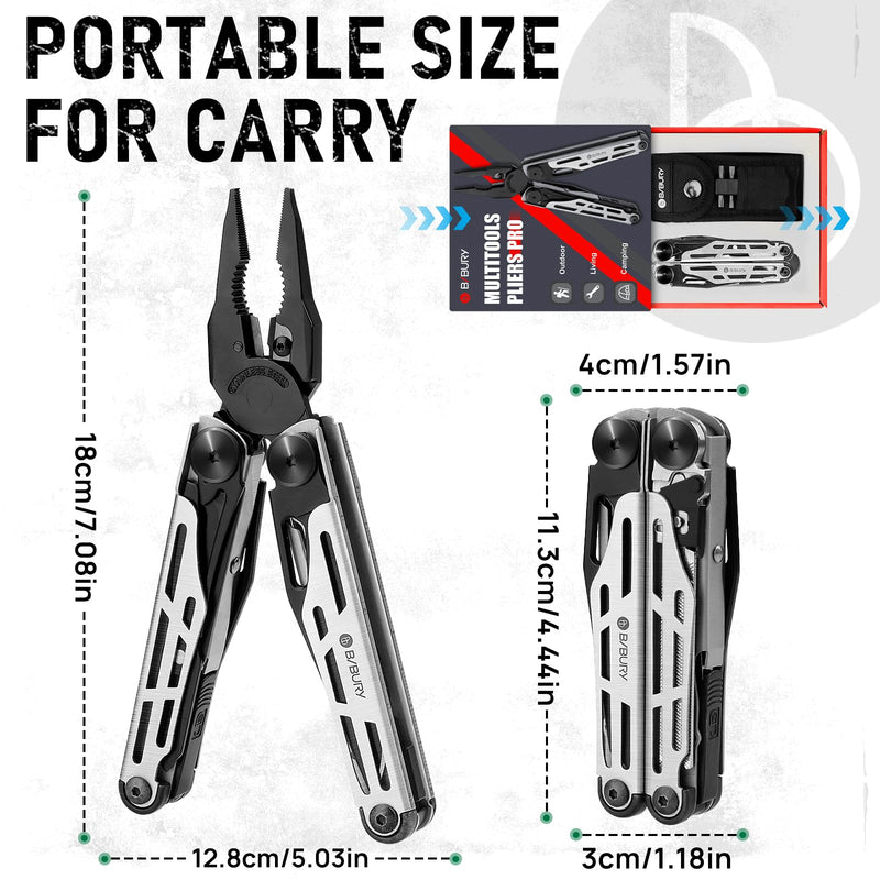 BIBURY Multitool Pliers Pro BI2045, Foldable Multitools with Replaceable Wire Cutters and Saw, Stainless Steel Multi Tool w/Upgraded Scissors and Screwdriver Set, Ideal for Camping, Hiking, Survival Black
