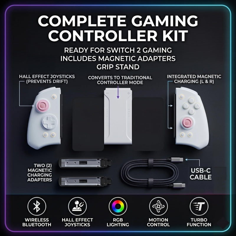 PLAYVEX Wireless Controller Compatible with Switch 2 Switch OLED and Switch Lite Includes Magnetic Charging Adapters Hall Effect Joysticks RGB Turbo Motion Control Grip Stand