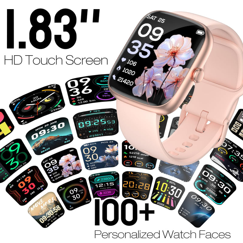 Smart Watch for Women, 1.83" HD Fitness Tracker (Answer/Make Call) with 24/7 Heart Rate/Sleep/SpO2 Monitor, IP68 Waterproof, 100+ Sport Modes Smartwatch for iPhone/Samsung/Android (Rose Pink) Rose Pink
