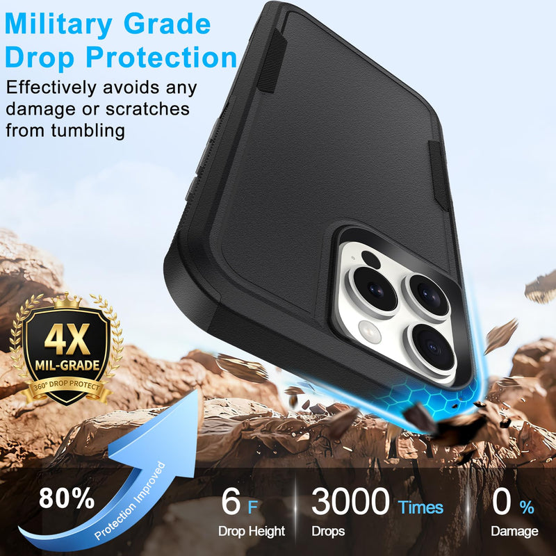 2 in 1 Case for iPhone 16 Pro Max with Belt Clip Defender, Heavy Duty Shockproof Holster with 360 Rotating Kickstand, (6.9" Black)