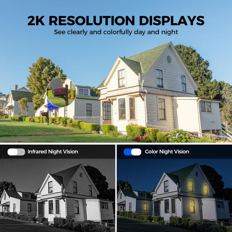 2K 2.4g WiFi Security Cameras Wireless Outdoor, 360° View Solar Cameras for Home Security, Color Night Vision, AI Detection, 2-Way Audio, Spotlight Siren Alarm, SD/Cloud Storage