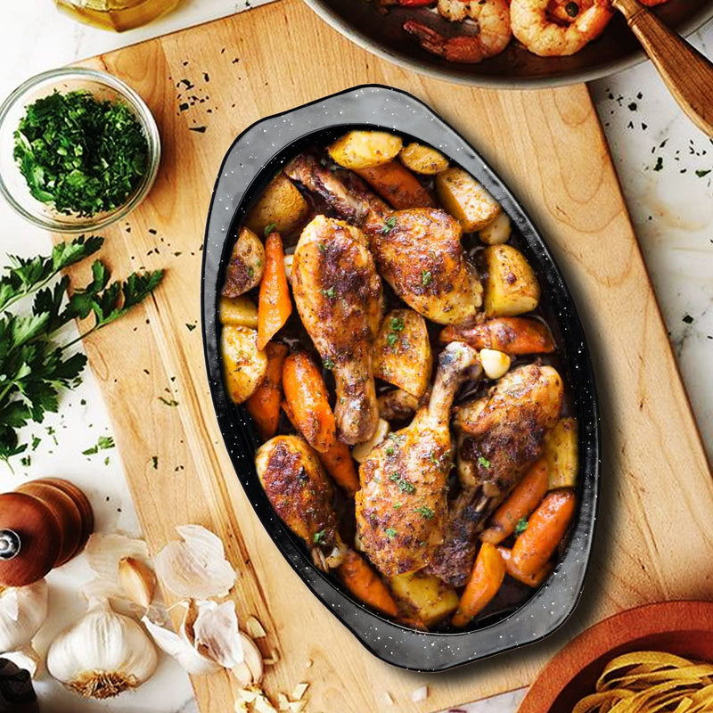 JY COOKMENT Granite Roaster Pan, Small 13” Enameled Roasting Pan with Domed Lid. Oval Turkey Roaster Pot, Broiler Pan Great for Small Chicken, Lamb. Dishwasher Safe Cookware Fit for 7Lb Bird Porcelain 13INCH