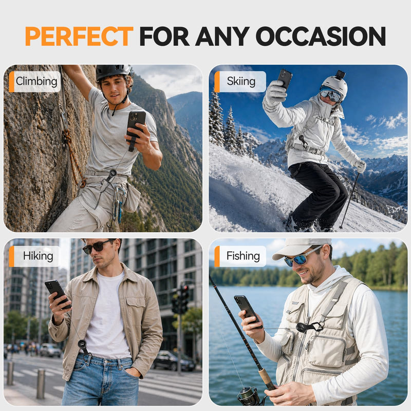 Anti-Theft Phone Tether, Black (2 Pack) | Phone Lanyard Retractable Steel Line & Locking Carabiner, Phone Strap Metal Tether Tab for Climbing Fishing Skiing Hiking Black-2 Pack