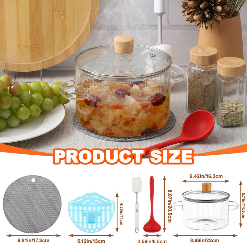 Jingmore Glass Simmer Pot 1.6L/54 oz for Stove with Lid and Strainer, Heat-Resistant Borosilicate Glass Pot for Cooking Soup, Pasta, Food Milk, Tea, Potpourri, Ideal for Stovetop Use (Clear) Ribbed