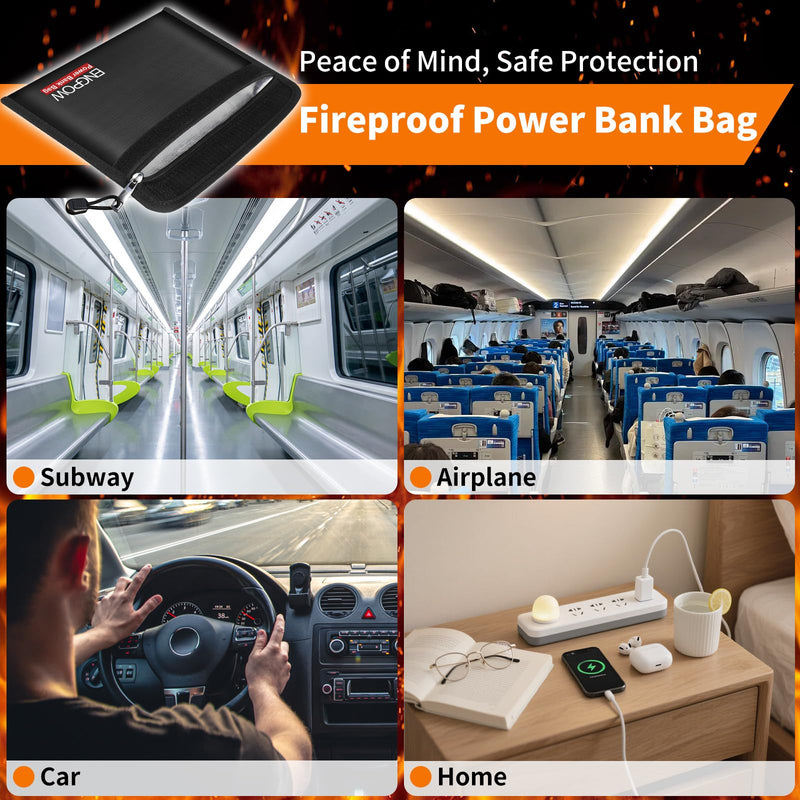 ENGPOW Fireproof Organizer Travel Safe Bag, Portable Electronic Carry Case | Heat Insulated＆Explosion-Proof, Home Travel Storage for Power Bank,Phone,Cables,USB Drive,Charging Protection, 2 Pack, Black 10.6'' x 6.7''