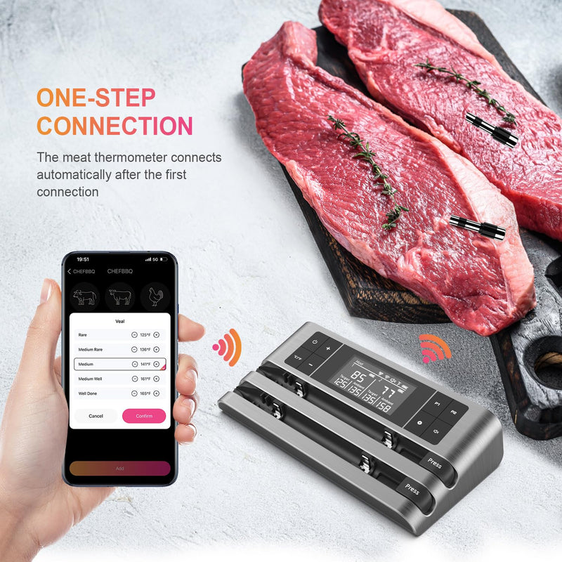 Wireless Smart Meat Thermometer with Dual-Sensor Probe, 500FT Remote Monitoring, Dedicated App, Real-Time Ambient and Food Temperature Tracking for Precise Cooking Control Dual Probe Grey-Dual Probe