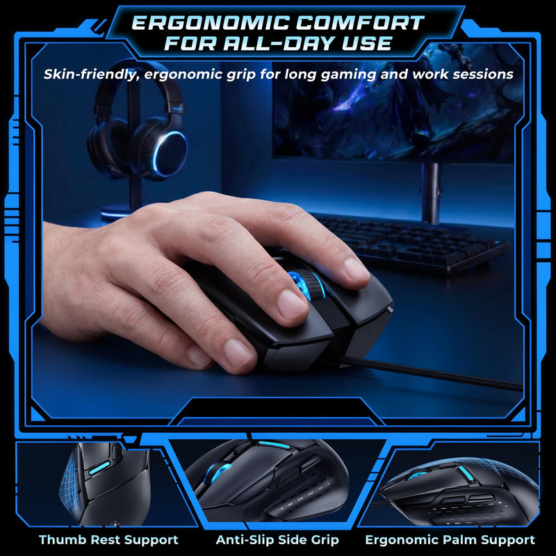 Uineer Wired Gaming Mouse, 7200 DPI, 6 Programmable Buttons, RGB Lighting | 6 programmable buttons, adjustable 7200 DPI, RGB lighting and quiet clicks for work or gaming.