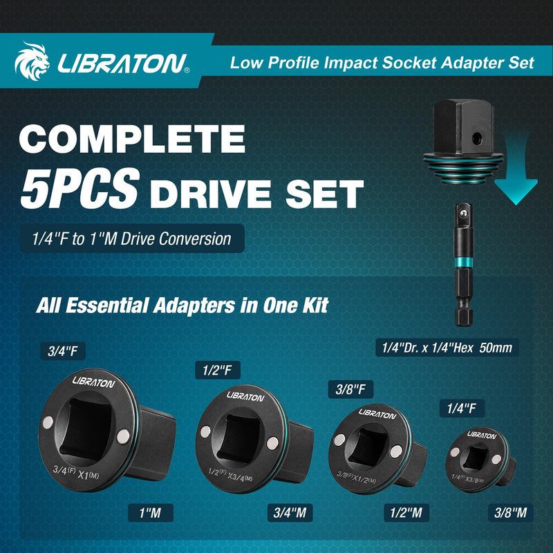 LIBRATON Low Profile Impact Socket Adapter Set, 5pc Magnetic Drive Converter Kit for Tight Space (1/4" to 3/8", 3/8" to 1/2", 1/2" to 3/4", 3/4" to 1", & 1/4" Hex Adapter) for Impact Wrench and Drill 5PCS