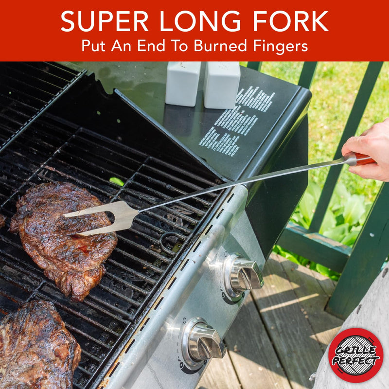 Grill Fork 24-inch Super Long for Grilling Barbecue Griddle and Fire Pit Extra Strong Curved Neck Premium Hardwood Handle Large Stainless Steel Tines for BBQ Outdoor Kitchen and Grilled Food Grilling Fork