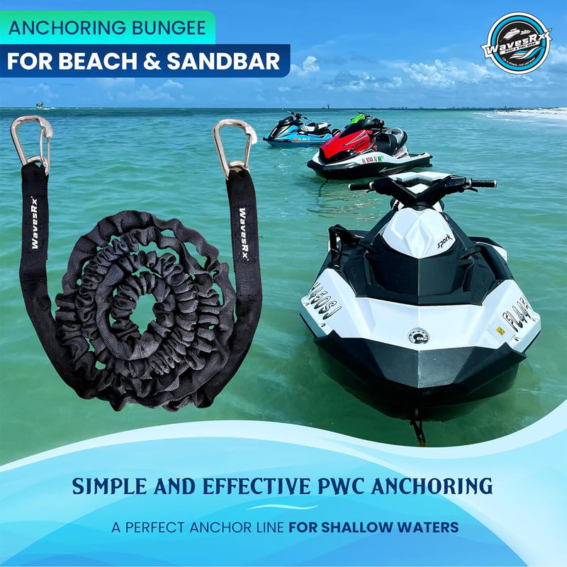 WAVESRX AnchorMate Bungee Line | Boat Bungee Dock Lines for Boats, PWCs & Kayaks | Absorbs Shock from Swells & Wind, Prevents Anchor Dislodging | Perfect for Anchoring, Mooring & Tethering 7-14 BLACK