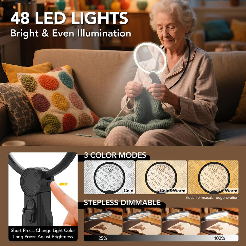 2500mAh Magnifying Glass with Light, 5X/10X Hands Free Magnifier for Reading, Sewing, Knitting, Cross Stitch & Crafts, Lighted Magnifier for Seniors & Low Vision 2500mah | No Display Neck-Worn Magnifier