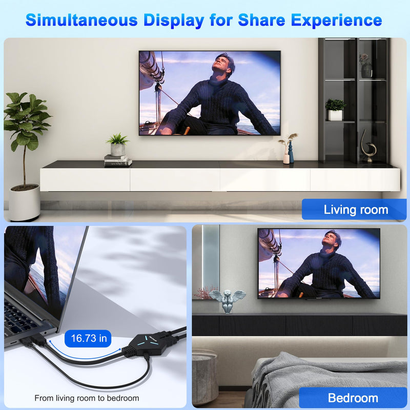 HDMI Splitter 1 in 2 Out Duplicate/Mirror (Not Extend), 4K@30hz HDMI Splitter for Dual Monitors for Full HD, 1080P, 3D, Compatible with Xbox, PS4, PS5, TV, Projector, Computer