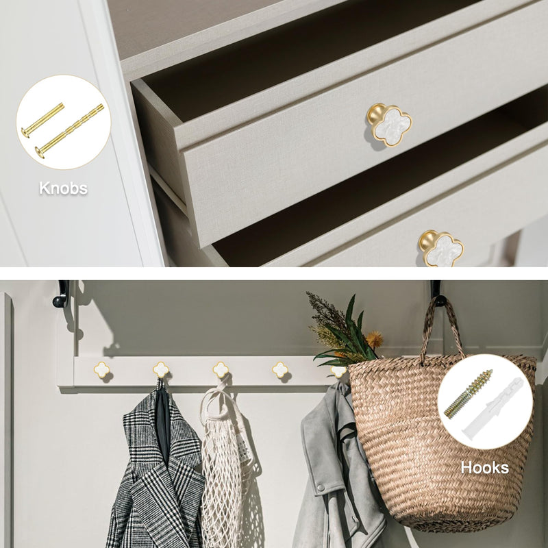 Clover Cabinet Knobs, 10 Pack 33mm Brushed Gold Drawer Knobs with White Pearl-Look Inlay, Decorative Gold Knobs for Kitchen Cabinets, Drawers & Dressers