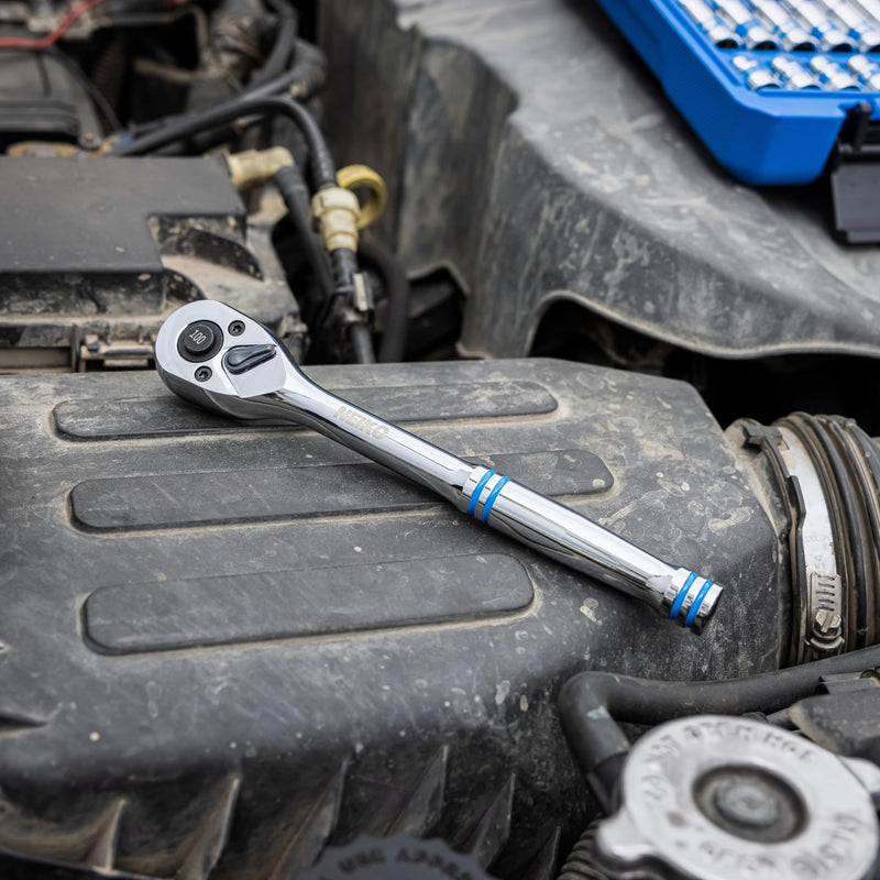 NEIKO 3/8 Inch Ratchet Wrench, 100-Tooth Reversible, 3.6 Degree Swing, Quick Release, 8" Long Handle, Silver Chrome Vanadium Steel 3/8" Drive 8" Length, 100-Tooth