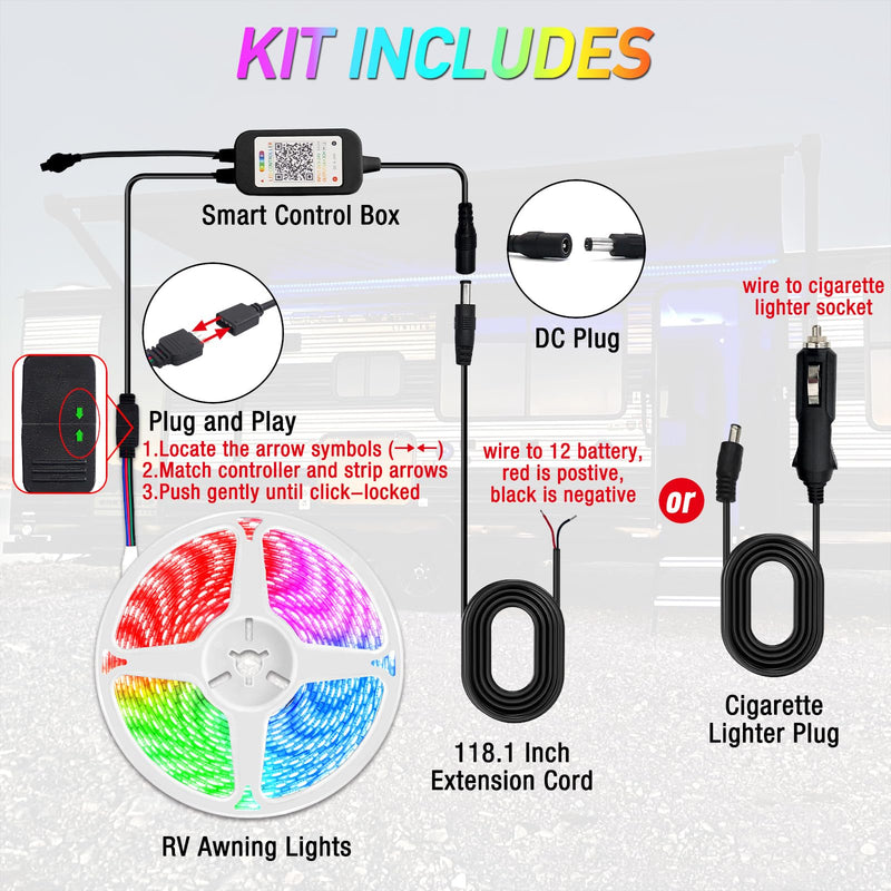 16.4FT RV Awning Lights, 12V Camper LED Light Strip with Remote and APP Control, Waterproof RV Exterior Strip Lights for Canopy Motorhome Travel Trailer Camping BBQ Kitchen (1PC-16.4FT New) 1PC-16.4FT NEW