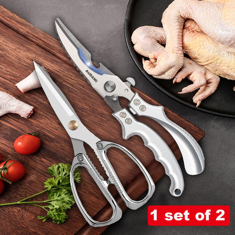 2 Pack Kitchen Shears,Heavy Duty Stainless Steel All-Purpose Poultry Meat Scissors for Cooking-Dishwasher Safe Silver+silver