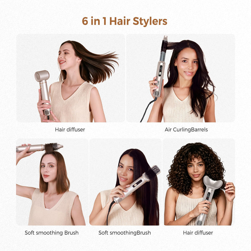 UKLISS 6 in 1 Hair Styler | Hair Dryer Brush with LCD Hair Curler Airflow | Airbrush 6 in 1 Airstyler Mit Hair Straightener, Thermal Brush, Hot Airbrush, Multistyler Gifts Set for Women Hair Styling Gold