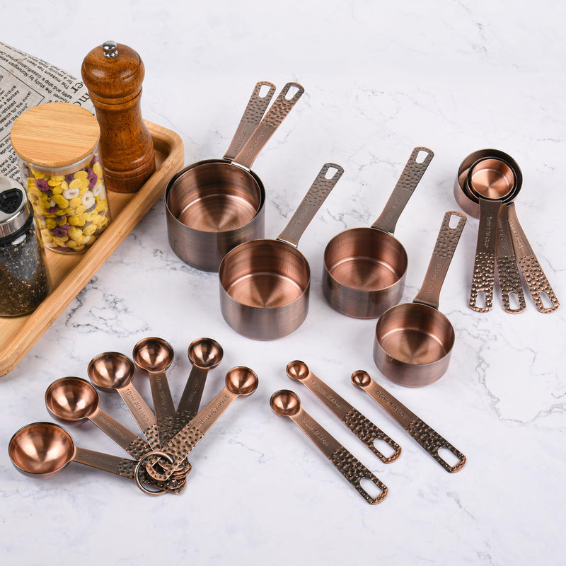 Copper Plated Measuring Cups and Spoons set 18 for Dry & Liquid, Metric & US Stainless Steel Measuring Cup and Spoon Set with Leveler for Baking & Kitchen Copper A: 8cups+9spoons