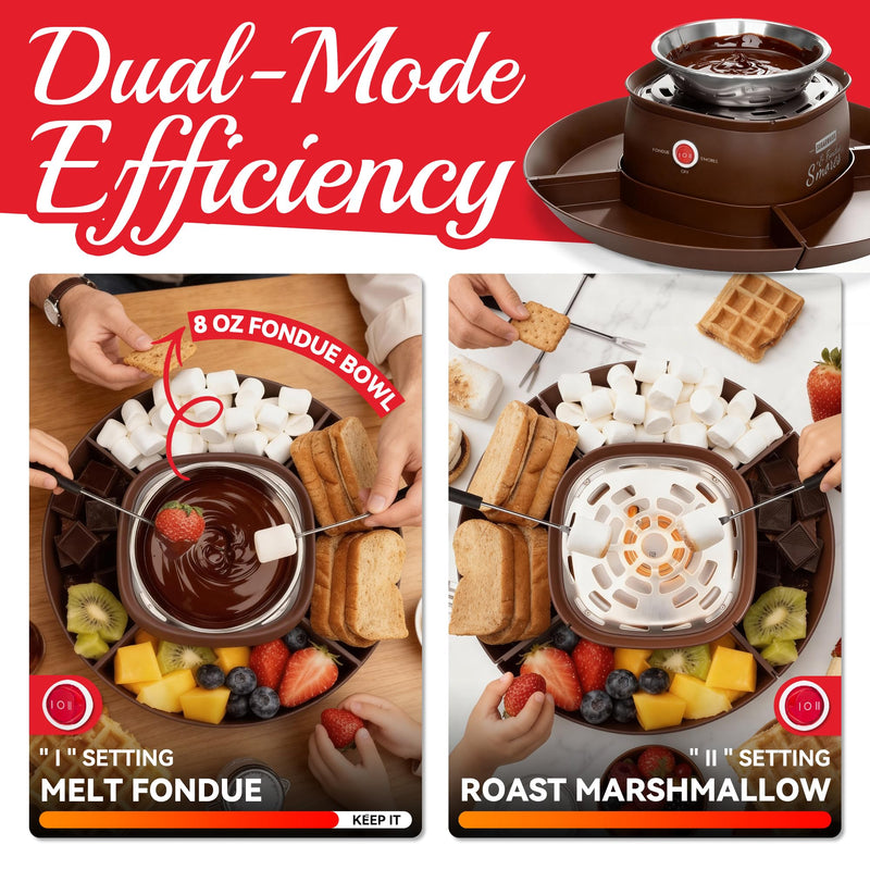 SugarWhisk 2 in 1 Electric Smore Maker & Fondue Set, Marshmallow Roaster with 4 Forks, Indoor Smores Kit for Kids & Couples, Cheese & Chocolate Fondue Pot, 4 Detachable Trays, Brown