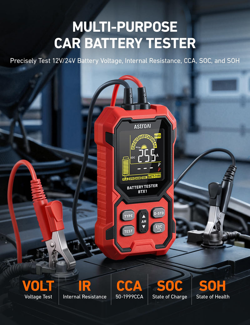 AstroAI Car Battery Tester, 12V/24V Digital Automotive Meter Diagnostic Tool Accurate,100-2000 CCA Load Capacity, Alternator Analyzer, for Preventive Maintenance Truck, RV, Marine Vehicle, and More