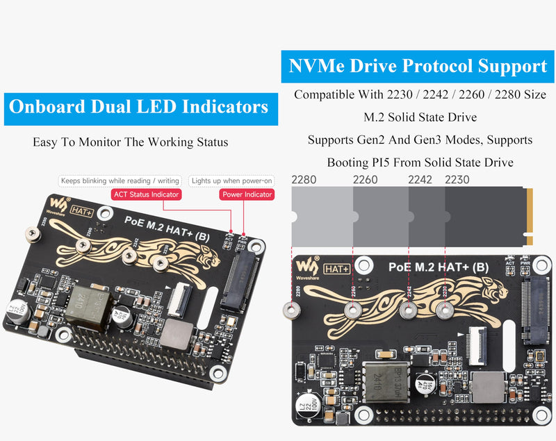 PCIe to M.2 Adapter with PoE Function Compatible with Raspberry Pi 5, Pi 5 NVMe PoE HAT+ Support NVMe M.2 Solid State Drive SSD 2230/2242/2260/2280, High-Speed Reading/Writing