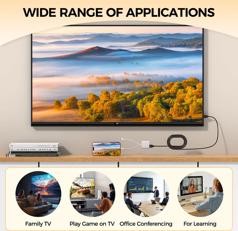 USB-C and Lightning to HDMI Adapter, 4K 60Hz, MFi, 100W Charging | Digital AV Adapter for iPhone and iPad to TV, Projector, or Monitor with Stable 4K Screen Sync and Charging Support