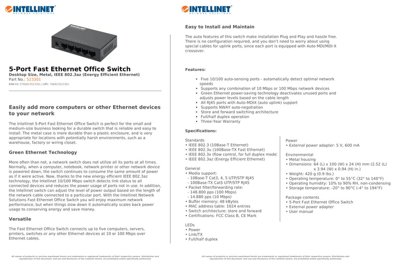 Intellinet 5-Port Fast Ethernet Network Switch - Ethernet Splitter - Unmanaged | Plug & Plug | Durable Metal Housing - for Computer Networking Hub, Desktop – 3 Yr Mfg Warranty – 523301