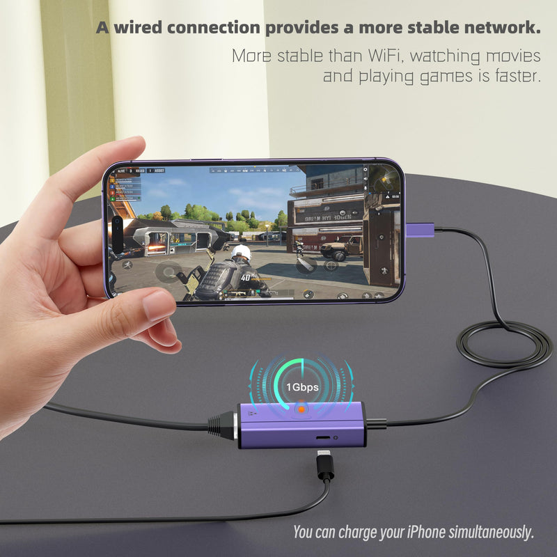 sunshot Lightning to ethernet Adapter, 2 in 1 Lightning to RJ45 LAN Network and Charging Port, Compatible with iPhone/iPad/iPod,Supports 10/100/1000Mbps Supper High Speed Ethernet Network(1.65Ft)
