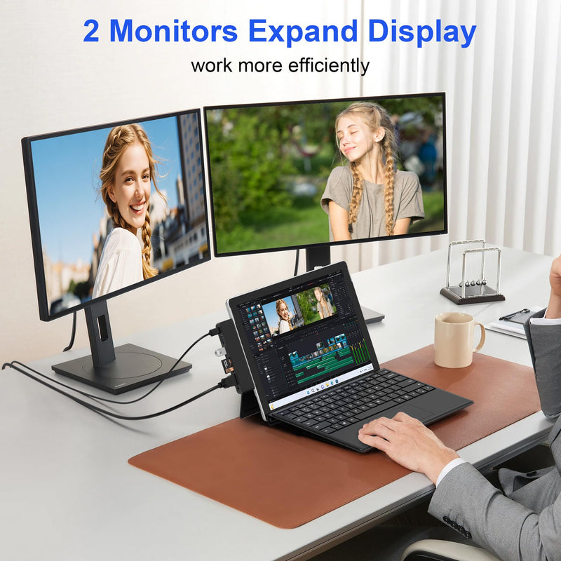 Surface Pro 11/10/9 Accessories Docking Station & Adapter - 7-in-1 USB-C Hub for Dual Monitor, with 4K HDMI, USB C Thunderbolt 4 (8K@30Hz/40Gbps/100W PD), 2 USB 3.0, SD/TF Card Reader & 3.5mm Audio Black