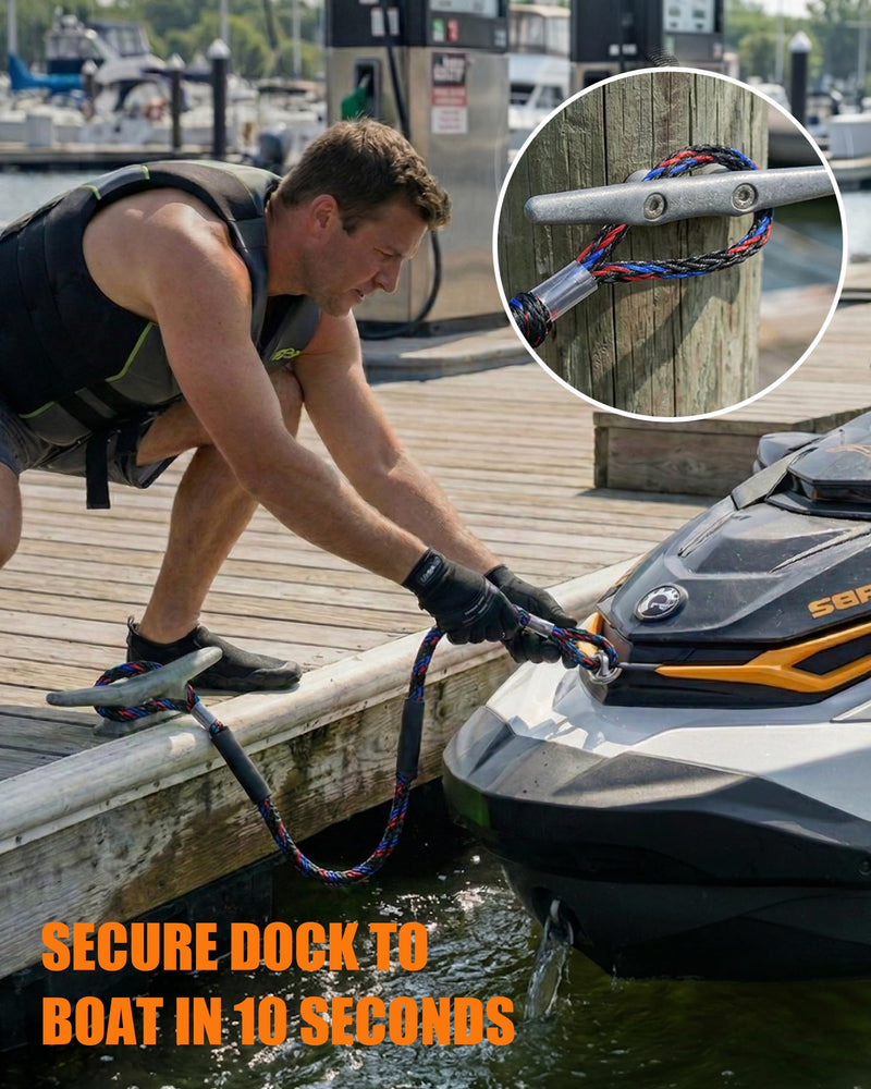 2Pack 4 Feet Bungee Dock Lines, Shock-Absorbing Elastic Marine Mooring Ropes/Tie Downs for Bass Boat, Jet Ski, Kayak, Fishing Pontoon, PWC Accessories, 2200LB Breaking Strength, Black, Gifts for Men Black and Blue 2 Pack 4 FT 2 Hoop End, 0 Clip End