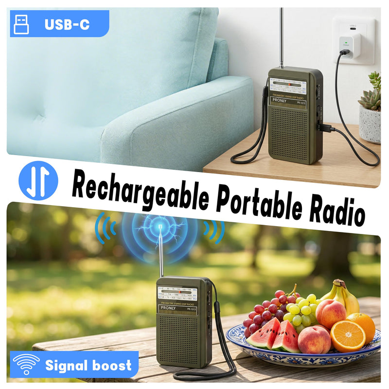 Portable AM FM Radio, 3 Band Transistor Radio with Shortwave, USB-C Rechargeable Portable Radio with Speaker & Telescopic Antenna for Home Camping Emergency, Green Army Green