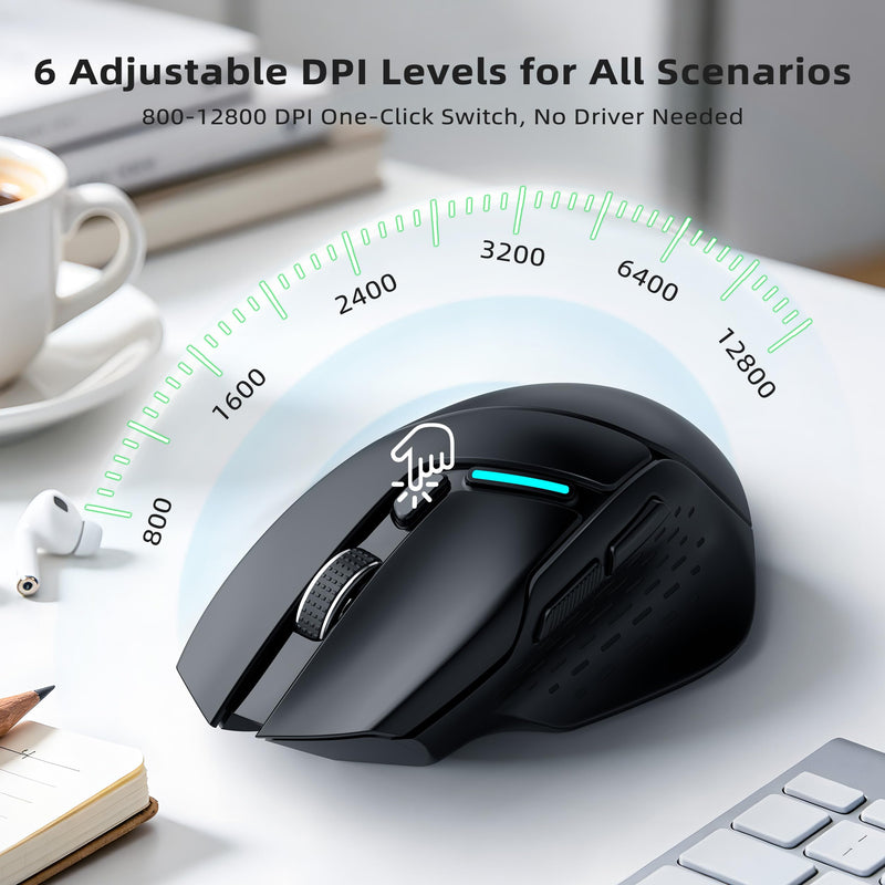 Uineer Wireless Mouse, Tri-Mode Bluetooth Mouse, USB-A Wired and 2.4G, | Switch among Bluetooth 5.0, 2.4G wireless and USB-A wired modes; 6 Adjustable DPI up to 12800 DPI,for Gaming and Office