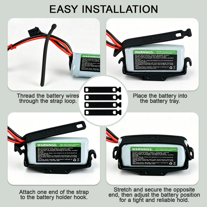 RC Battery Straps for Axial SCX30 RC Cars, 2pcs Green & 2pcs Black﻿ | Stretchable Rubber Battery Securing Straps Reusable Cable Straps Replacement Upgrade Parts for Axial SCX30 RC Crawler