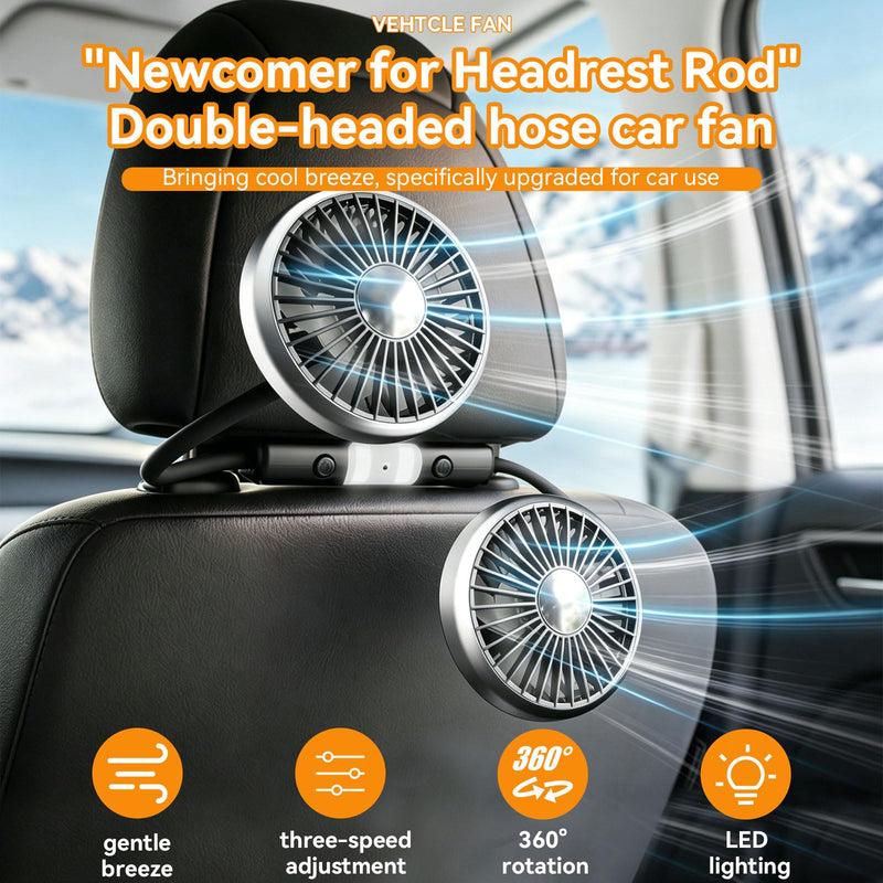 Car Fans for Backseat for Kids Baby Back Seat Carseat Headrest Rear Facing | 360° Flexible Hose 3-Speed USB Powered Dual Head Cooling Fan with Dual-Level LED Light for No AC Passengers (No Battery)