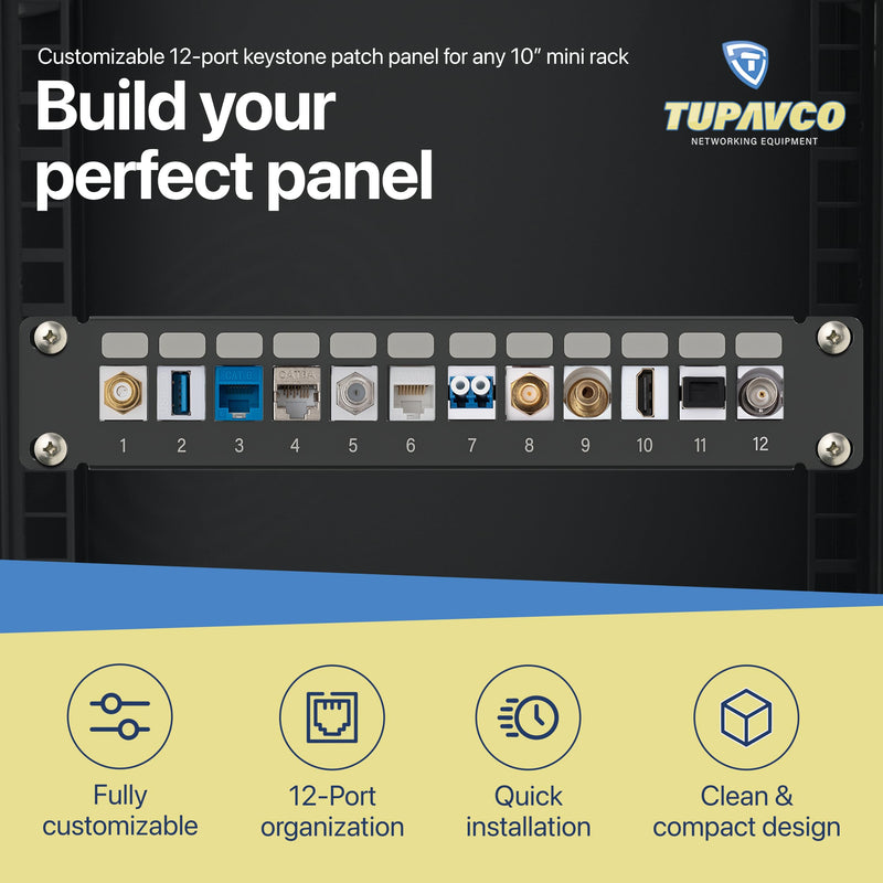 10" Patch Panel for Mini Network Rack (12 Port) - Tupavco TP410 | Keystone patch panel for mini network rack (10 inch) cable management, keystone jacks not included