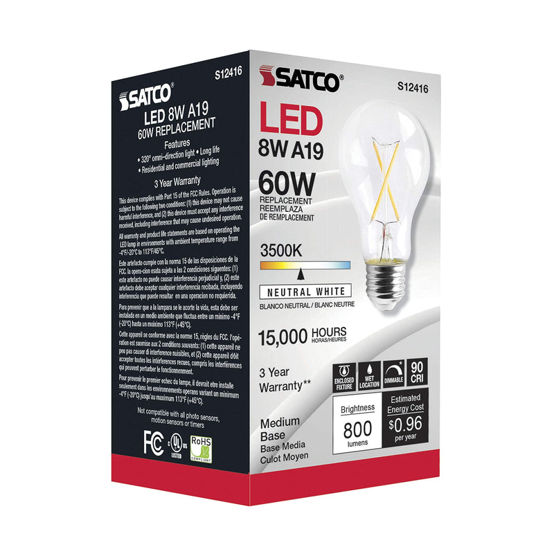 Satco Dimmable LED Filament Bulbs, S12416, 810 Lumens, 8 Watt, A19; E26 Medium Base; 3500K Neutral White; 90 CRI; 120V, Wet Location Rated, Residential, Hospitality, Commercial (6 Light Bulbs)