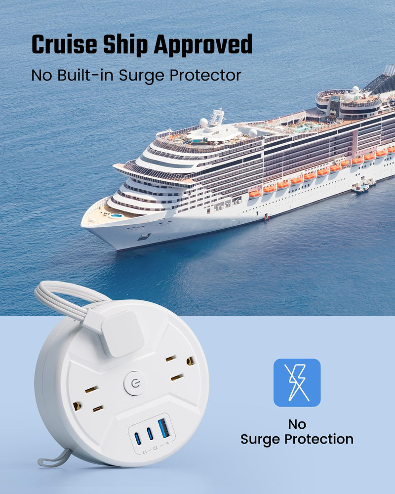 SUPERDANNY Travel Power Strip with 5ft Retractable Extension Cord Portable 3-AC & 3-USB 20W Fast Charging Station for Home Office, Business Travel, Trip, Cruise, No Surge Protector, White