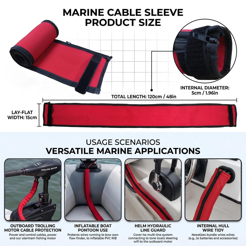 48" Zippered Trolling Motor Cable Sleeve, Trolling Motor Sleeve & Outboard Motor Sleeve Cover for Protection & Management (Red) Red