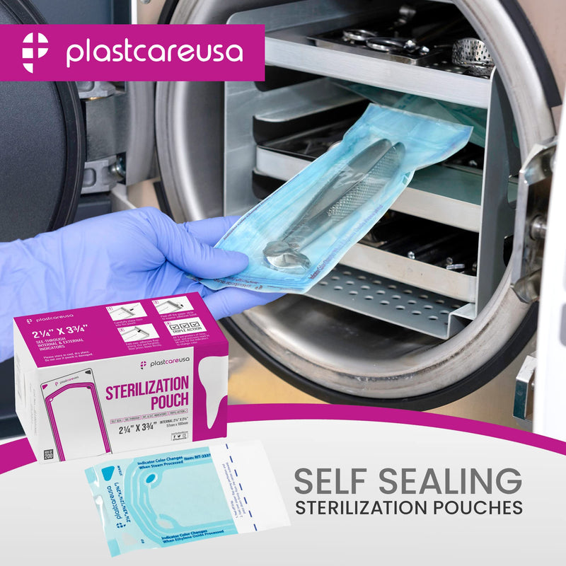 1000 2.25 x 2.75 Self Sealing Sterilization Pouches - Autoclave Sterilizer Bag Pouch for Sterilizing Dental Medical Instruments & Cleaning Tools - Latex-Free, Color Changing Indicator by PlastCare USA 1000