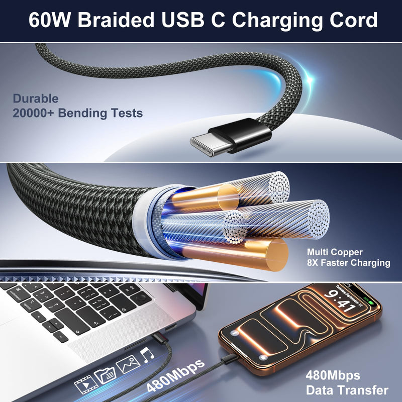 98W Car Charger USB C, 4 Port Fast Cigarette Lighter USB Charger with Cable | 4 in 1 Fast Charging Cigarette Lighter Adapter,Dual PD 30W Type C Car Charger for iPhone 17/16/15 Pro Max,Galaxy,Pixel,iPad Black