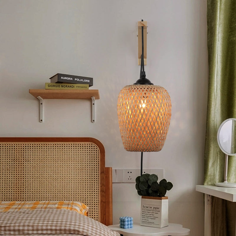 Plug in Bamboo Wall Sconces, Industrial Hand-Woven Rattan Lampshade Hanging Wall Light Fixture with Wood Base, Farmhouse Wall Mounted Lamp for Kitchen Island, Living Room, Bedroom Rattan Lampshade Wall Light