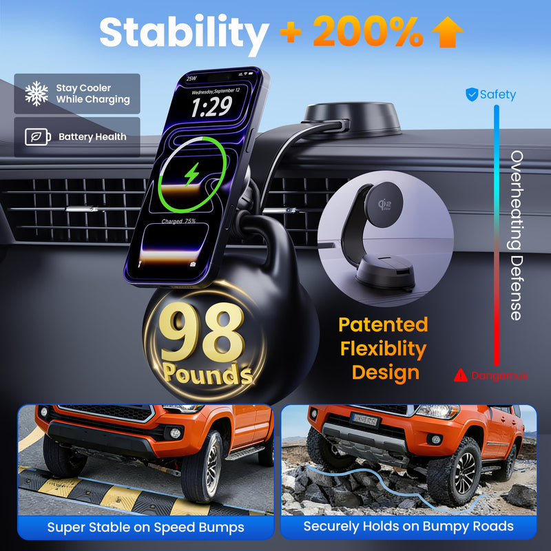 Upgrade for Qi2.2 25W for MagSafe Wireless Car Charger Mount, Space Black | 2XFast Charging [90+LBS Safe Suction] Magnetic Phone Holder Dashboard Windshield Vent for iPhone 17/16/15/14/13/12 Pro Max