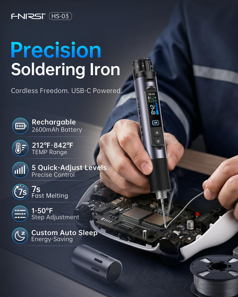 FNIRSI HS-03 Cordless Soldering Iron Kit, 2600mAh Battery Portable Soldering Iron, 212-842°F, 3s Fast Heating, 5-Level Temp, 0.96" IPS Display Soldering Iron for Electronics Repair, DIY, PCB