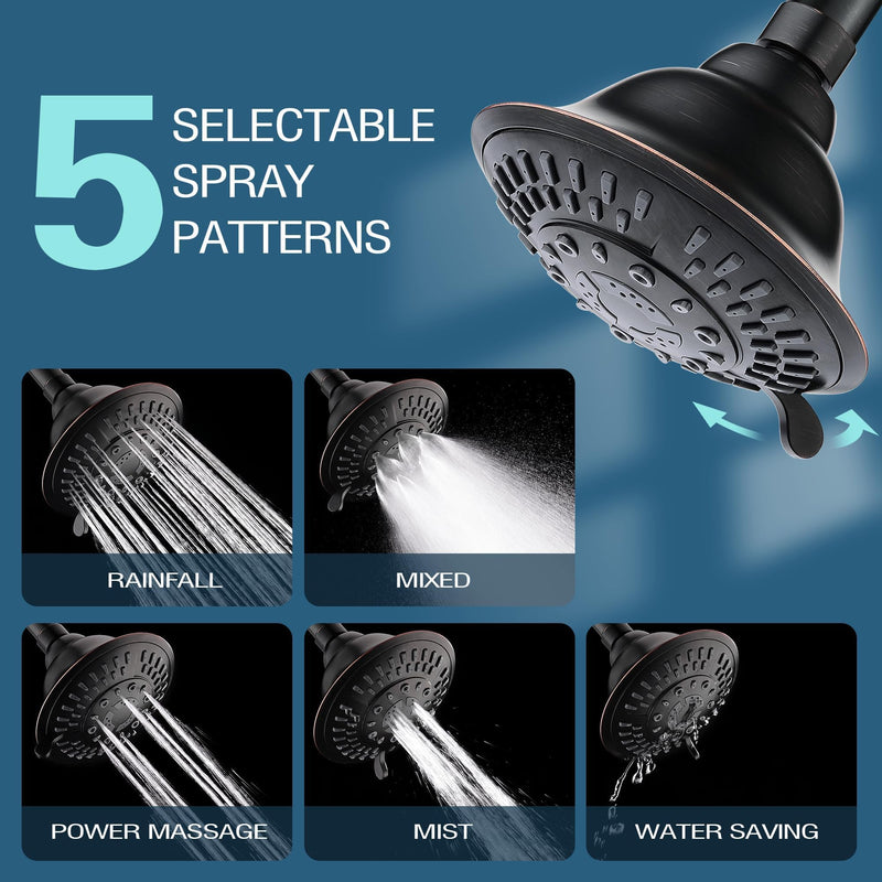 BRIGHT SHOWERS High Pressure Rain Shower Head, Fixed Shower Head with 5 Spray Settings, Adjustable Angle and Anti-Clog Nozzles, Oil Rubbed Bronze (1.8 GPM) 5 Spray Settings