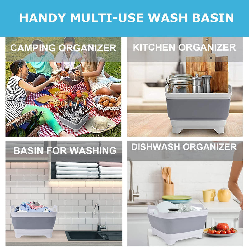 Collapsible Wash Basin 9L, Foldable Dish Tub with Drain Plug, Portable Collapsible Dish Basin, Camping Sink for Washing Dishes, Laundry & Kitchen Use,Gray Gray