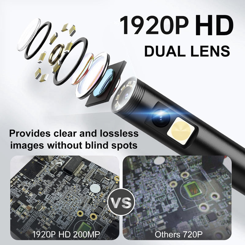 1920P HD Dual Lens Endoscope Camera Semi-Rigid Snake Cable IP67 Waterproof 8LED Lights Dimmable HD Industrial Pipeline Inspection Probe Compatible with Smartphones Endoscope Camera (16.4ft) 16.4ft