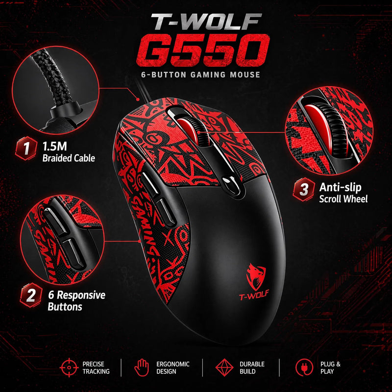 Wired Gaming Mouse, 7200 Adjustable DPI, 6 programmable Buttons, 3 Million-Click lifespan, 1.5-Meter Braided Cable, red Non-Slip Grip pad—for PC Gaming and Office use