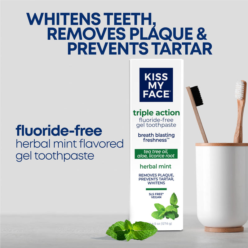 Kiss My Face Triple Action Toothpaste Gel, Herbal Mint Flavor, Removes Plaque, Whitens Teeth, Prevents Tartar, with Tea Tree Oil and Aloe, Fluoride Free, Vegan, 4.5 oz, 6 Pack Triple Action Herbal Mint